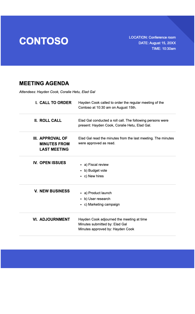 Celestial meeting agenda - Professional meeting agenda template with structured layout, attendee list, and numbered agenda sections.